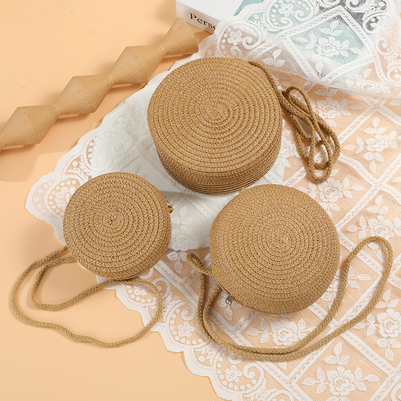 Cross-Border Straw Weaving Bags, Summer Cute Large Straw Weaving Bags, Women's Beach Straw Weaving Small Round Bags, Mobile Phone Bags, Crossbody Handmade Straw Weaving Bags