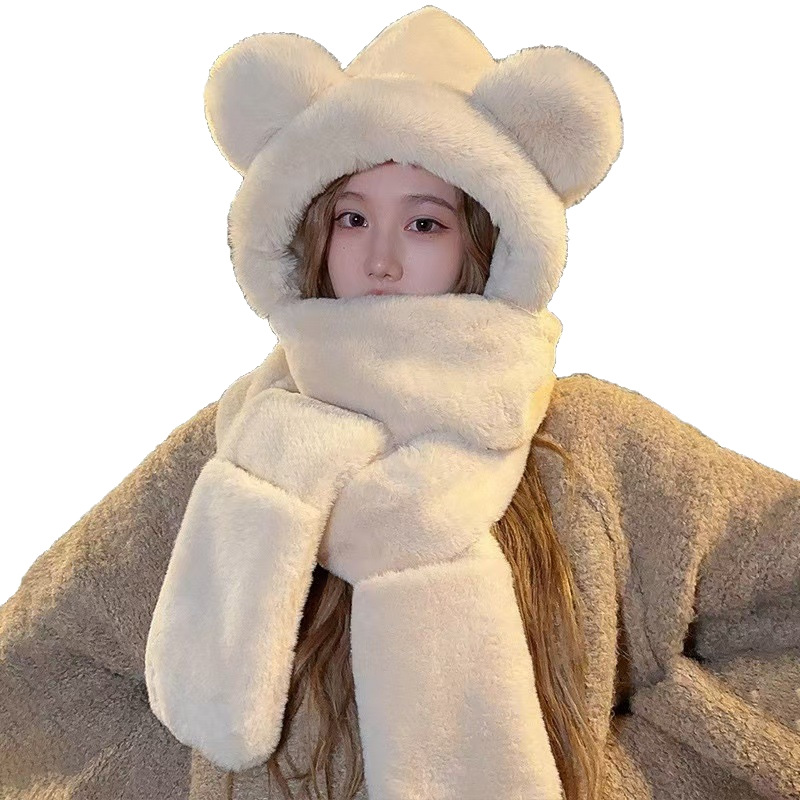 Sombrero de reemplazo de una pieza otoño-invierno nuevo sombrero de peluche para mujeres conjunto de tres piezas versión coreana sombrero frío cálido bufanda guantes de invierno tienda al por mayor Item Picture