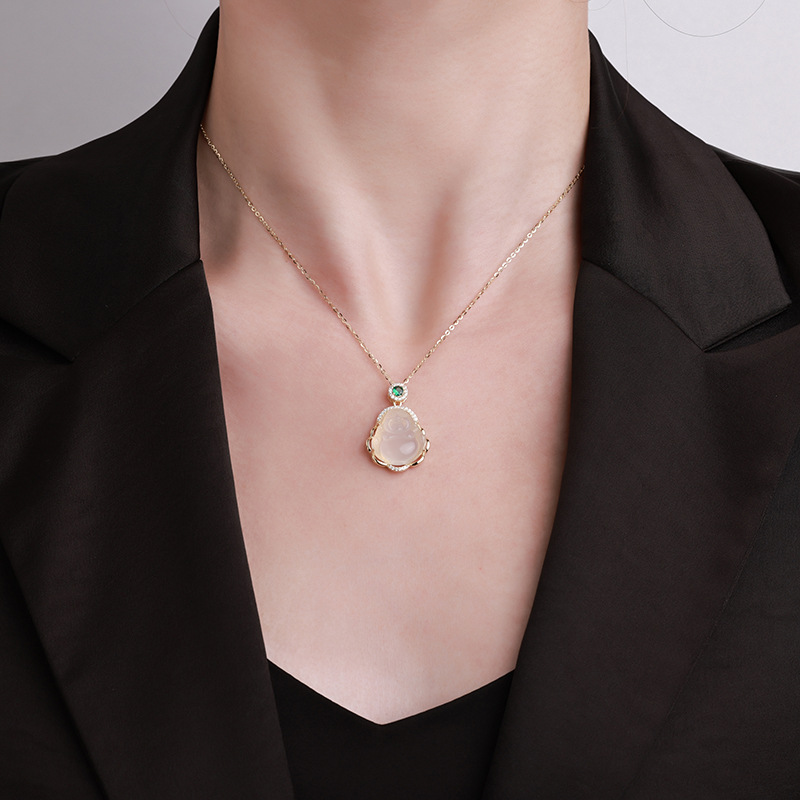 Buddha Gong necklace accessory for women's light luxury niche collarbone chain 2026 New style white chalcedony pendant high-end sweater necklace Application Scenario