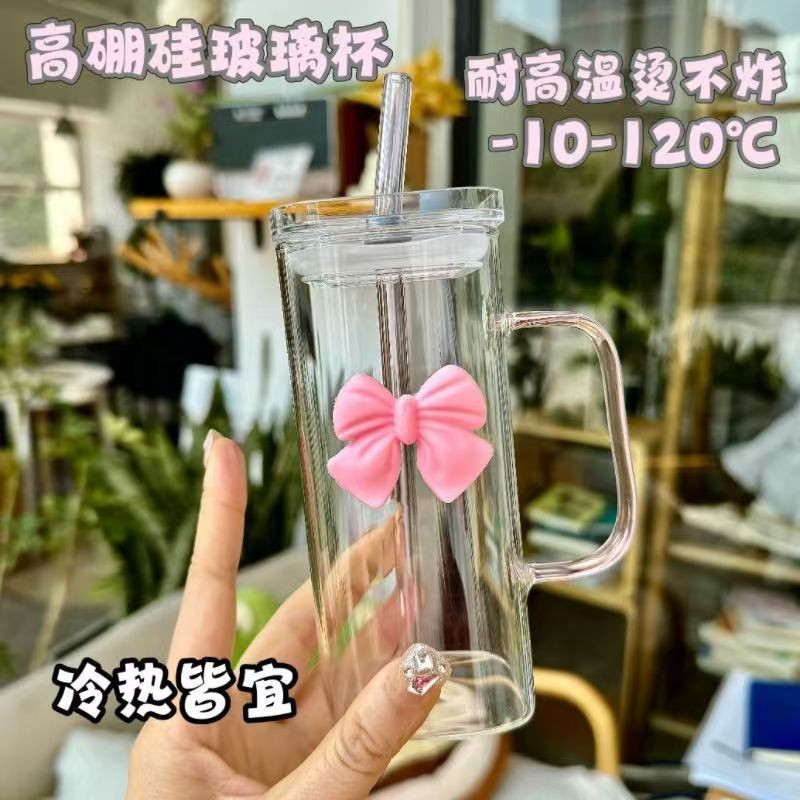 Ins-style square bow glass cup with handle, high appearance level, high-temperature resistant, cute fairy pink straw water cup Specification image