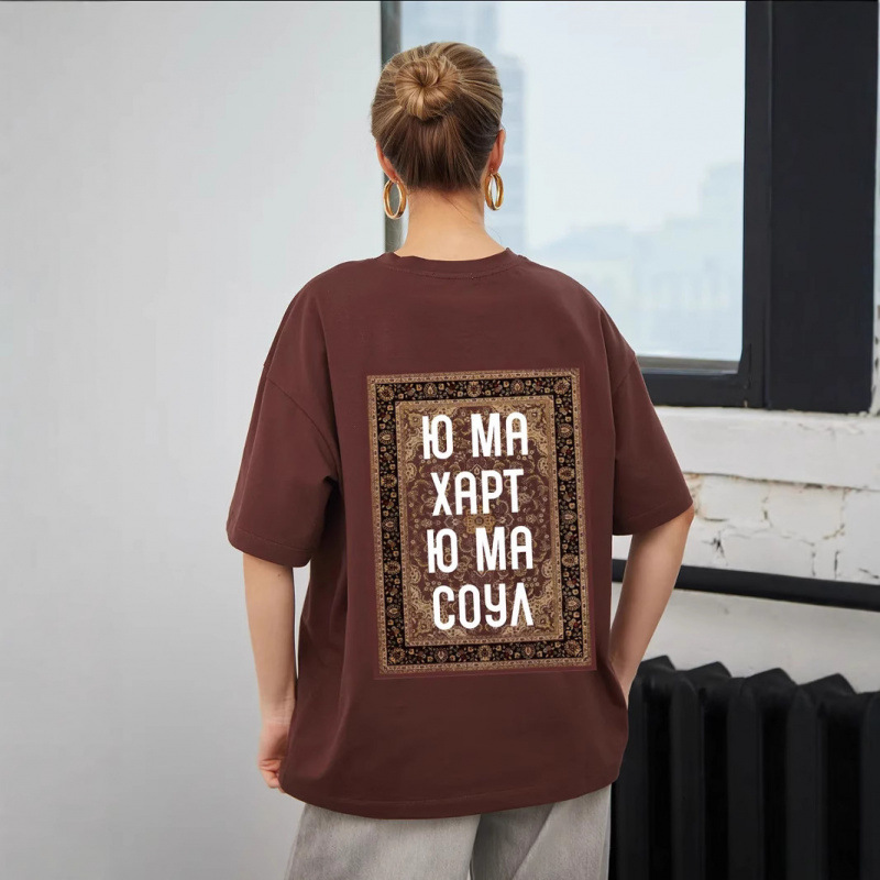 European and American style, unique and retro ins100% pure cotton short-sleeved T-shirt with Chinese trend and American print, loose and laid-back style for women Item Picture