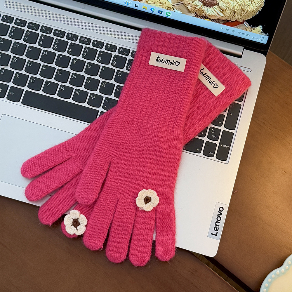 Korean-style fresh floral creative knitted gloves, windproof and warm for women, touch screen new style for autumn and winter, suitable for students and commuting Application Scenario