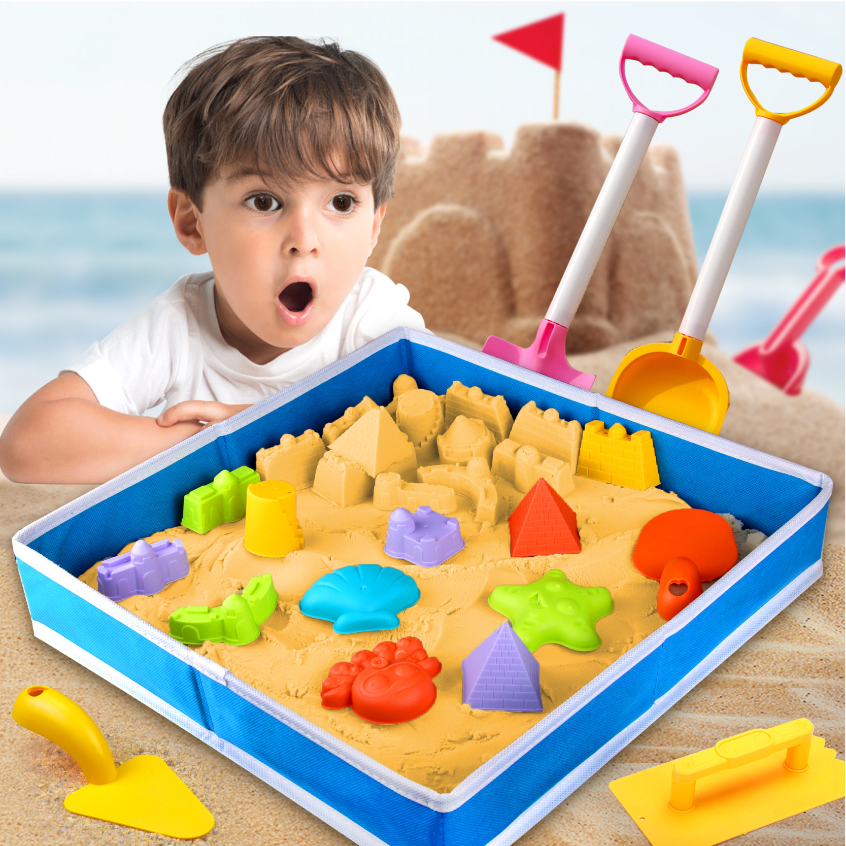 Original manufacturer children's beach toy sets, sand-digging, water-playing, outdoor beachcombing, gardening, cassia seed, space toy sand Specification image