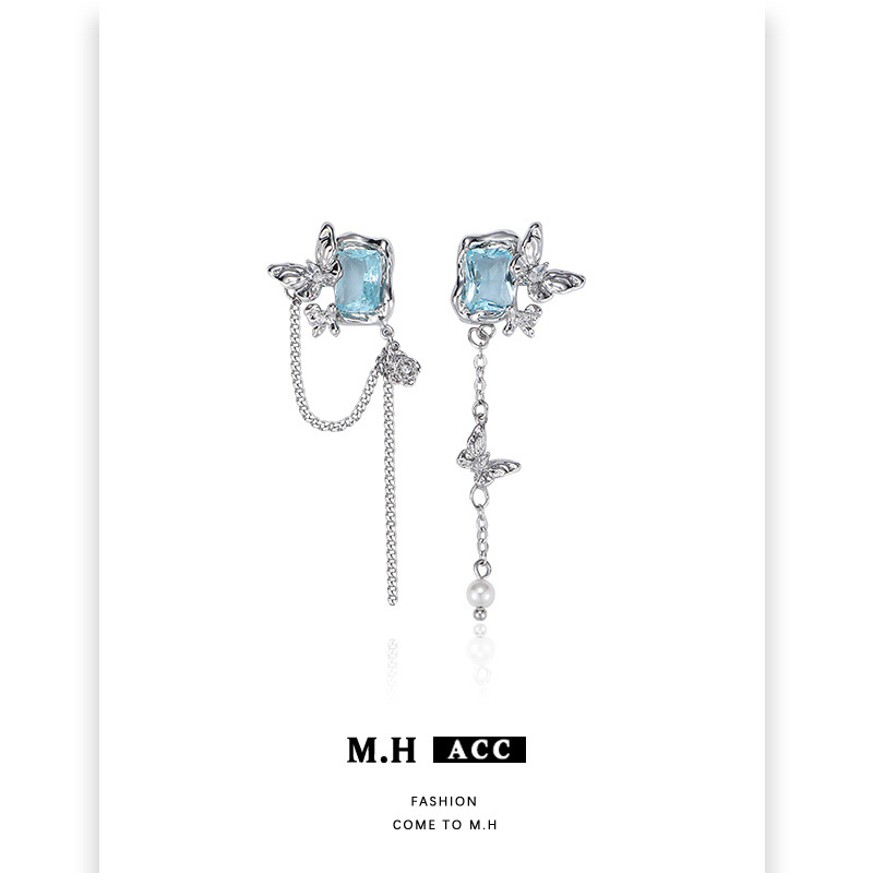 Original blue zircon butterfly tassel earrings for women, unique and exquisite, niche design, high-end feel, 925 silver needle earrings