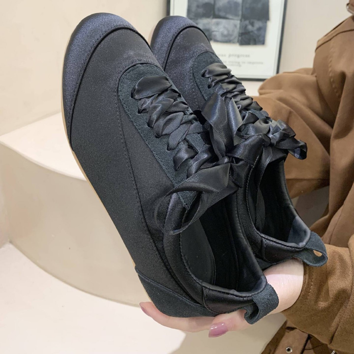 Ballet Satin German Training Shoes for Women 2026 Spring and Autumn New Style, niche design flat fashion casual shoes, pink shoes Item Picture