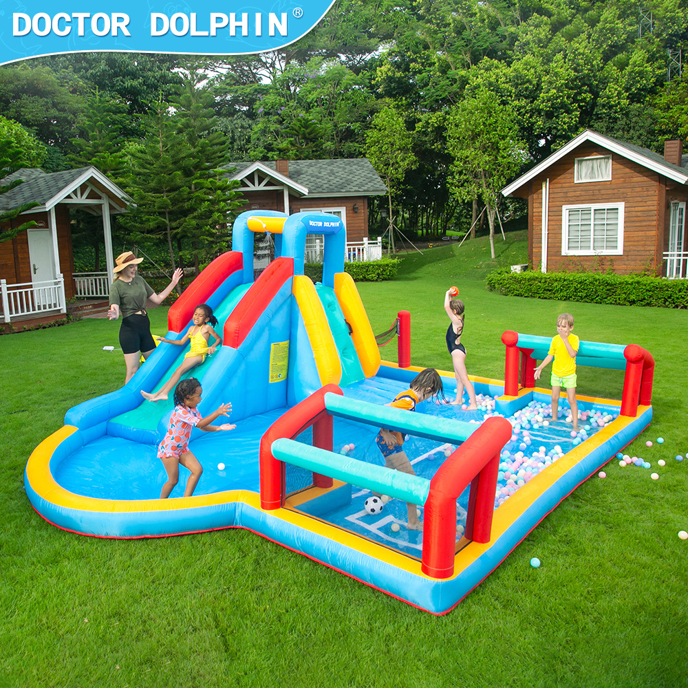 The new outdoor inflatable castle slide of Doctor Dolphin comes with a shooting children's play room and a water play inflatable slide