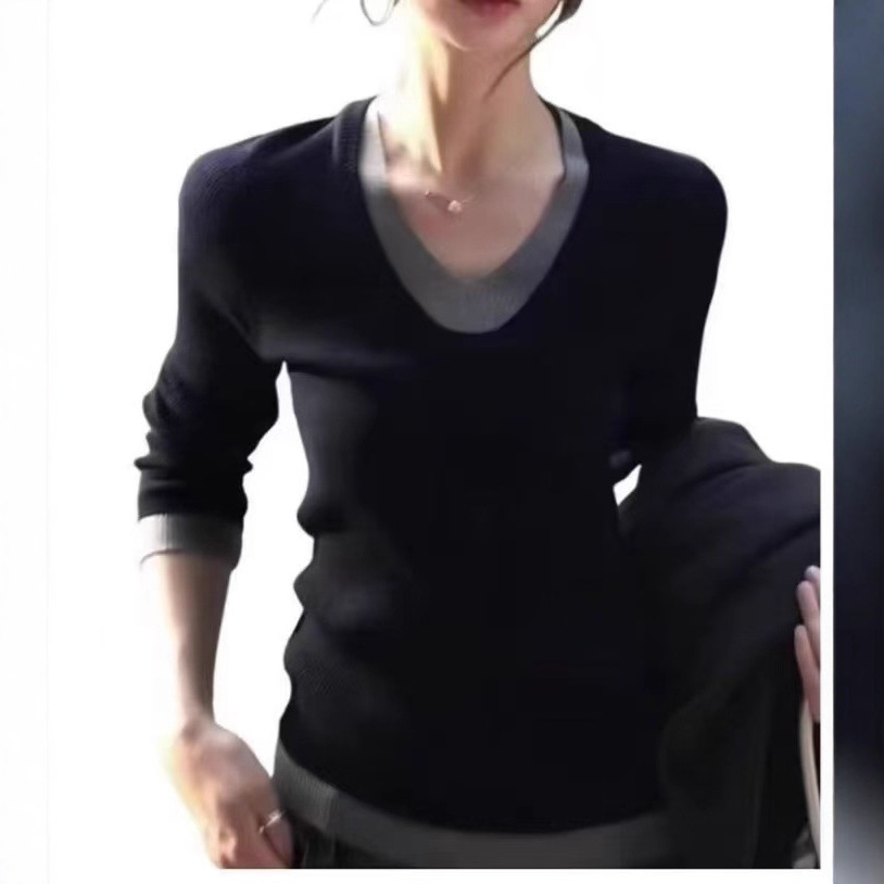KANING假两件v领针织打底衫女秋季新款高级感内搭毛衣修身上衣潮产品图