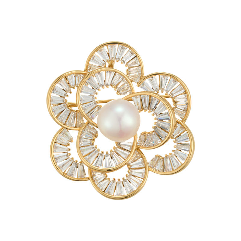French elegant freshwater pearl camellia brooch, copper alloy inlaid with zircon, real gold electroplated, high-end fashion pin Item Picture