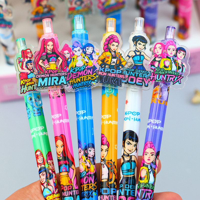 新款猎魔女团贴片按动笔0.5mm黑色顺滑中性笔学生写字笔卡通文具