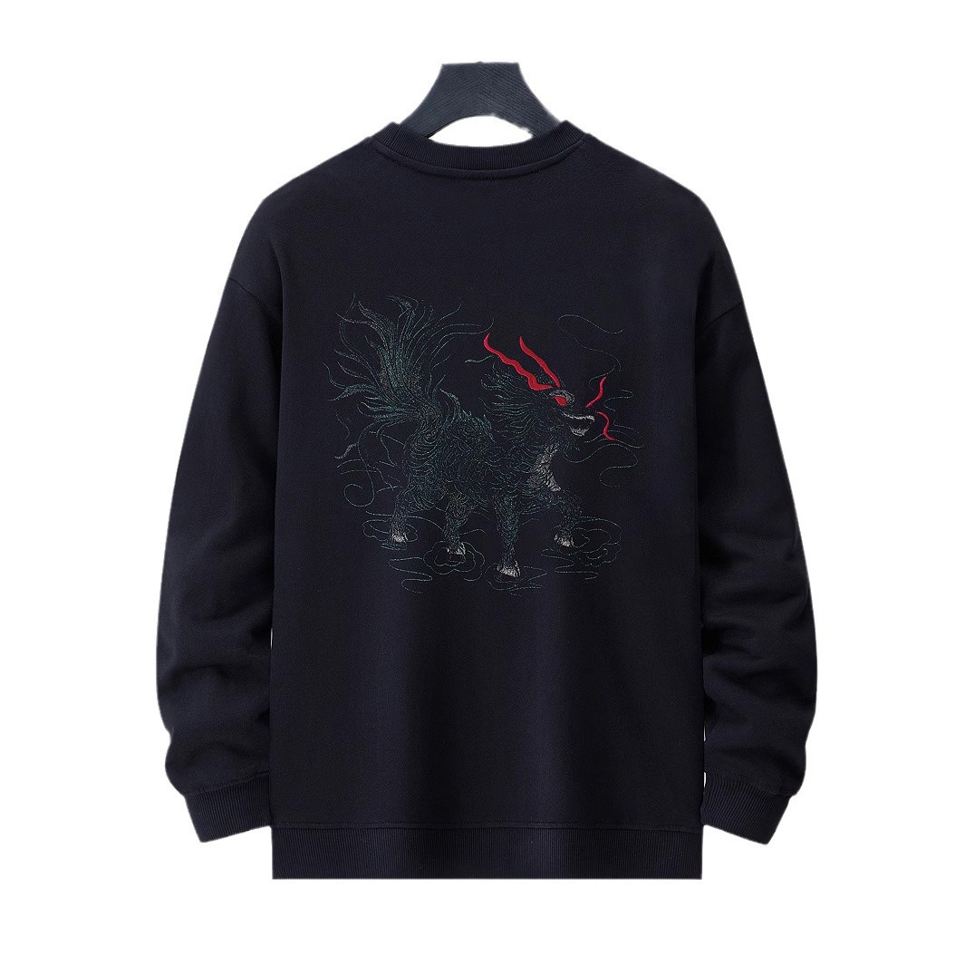 New autumn and winter men's round-neck hoodie, embroidered plus-size men's jacket, national trend Qilin top, pure cotton loose fashion brand Item Picture
