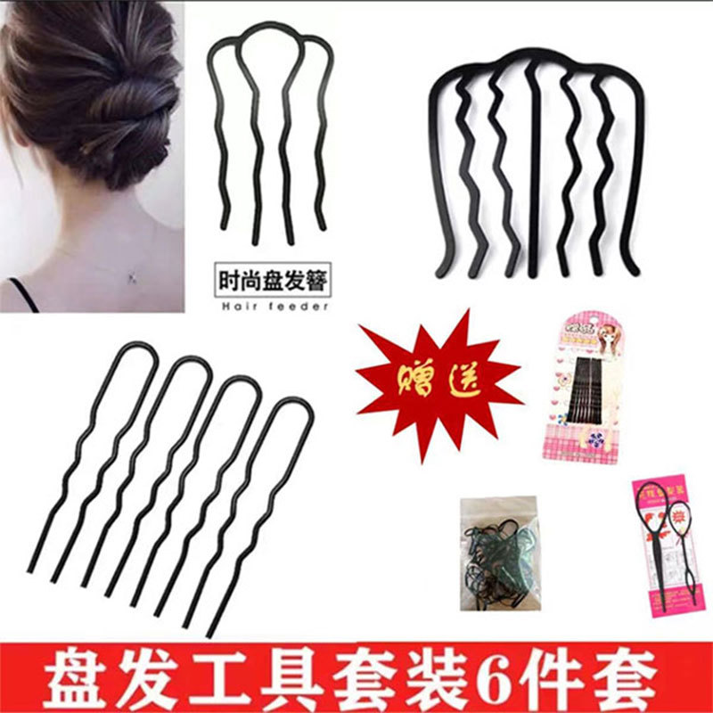 6-piece set of bun hair styling tools, braided hair set, hairpin for women, four-toothed U-shaped hair pin, flower bud, seven-toothed comb details Picture