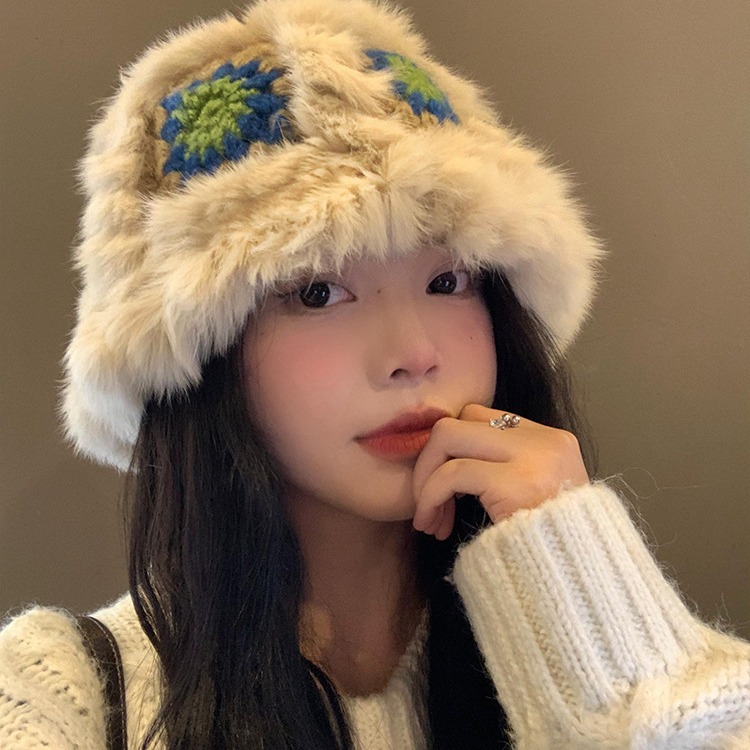 毛绒渔夫帽女冬季兔毛针织毛毛帽子显脸小保暖醒狮帽大头围毛线帽产品图