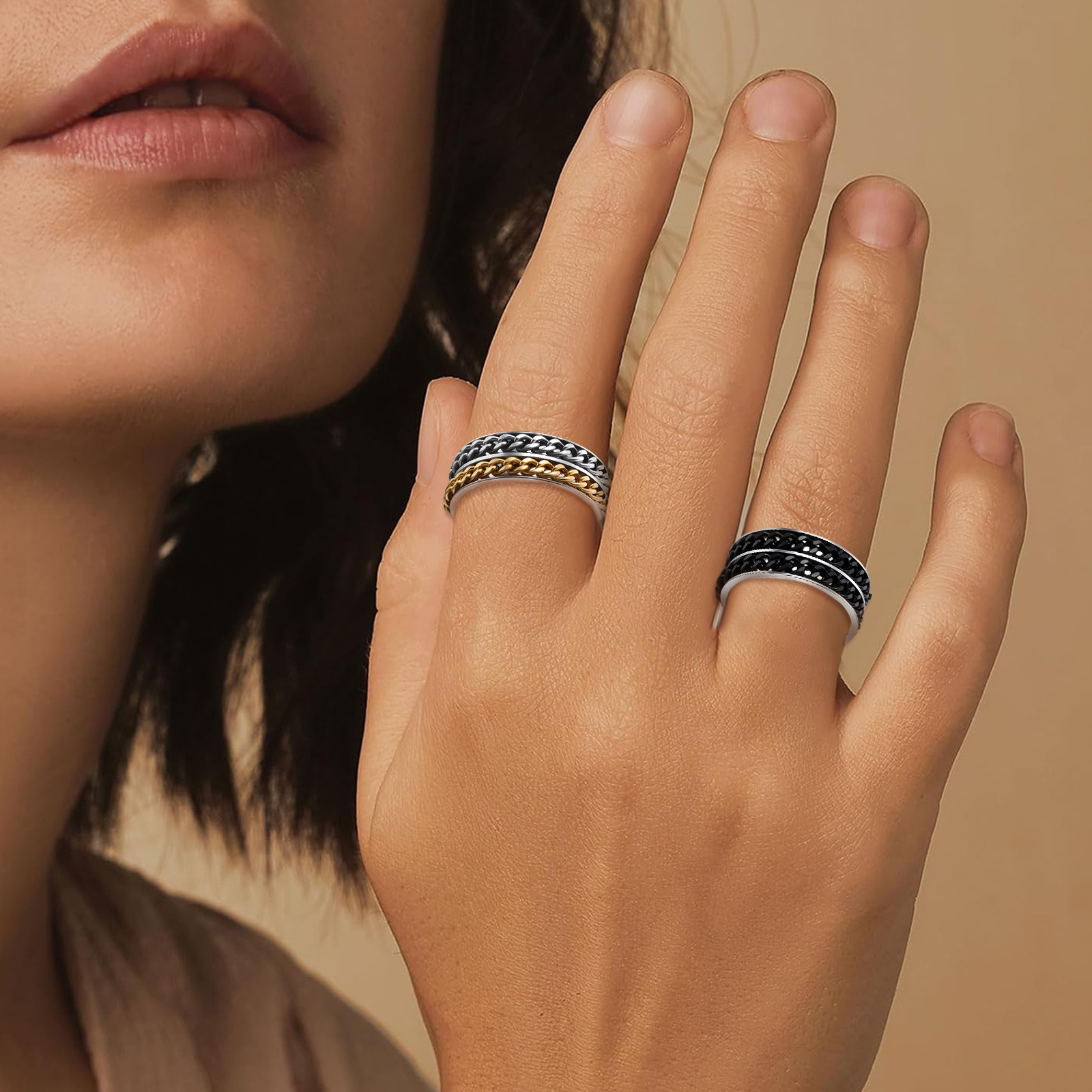 Factory direct sales of men's titanium steel double-chain rotating rings, cross-border rotating stress-relieving accessories, cross-border jewelry wholesale details Picture