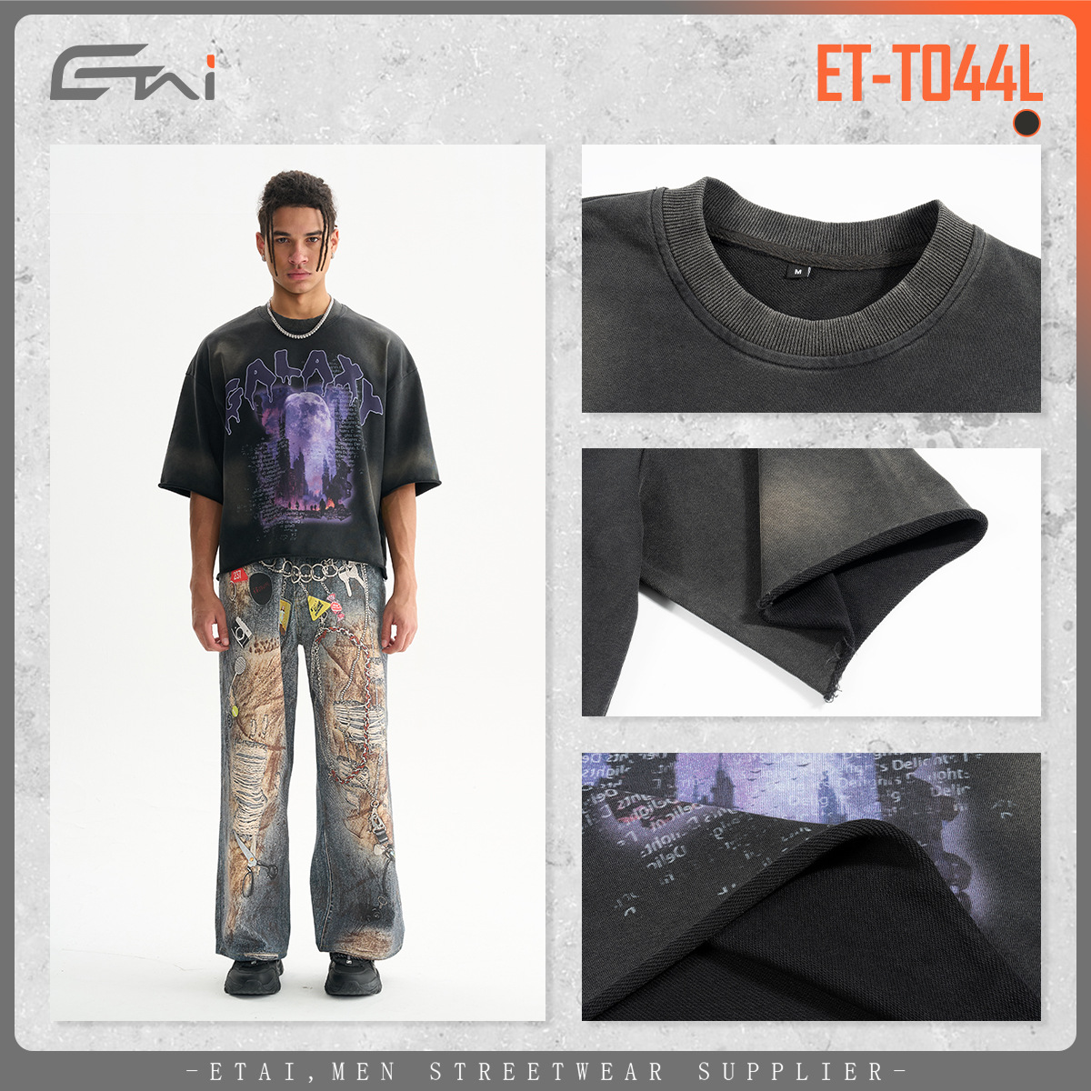 Black short-sleeved men's T-shirt with GALAXY logo, trendy Korean-style casual half-sleeved decorative jeans, male and female models wearing fashionable and trendy clothing, selected stock Application Scenario