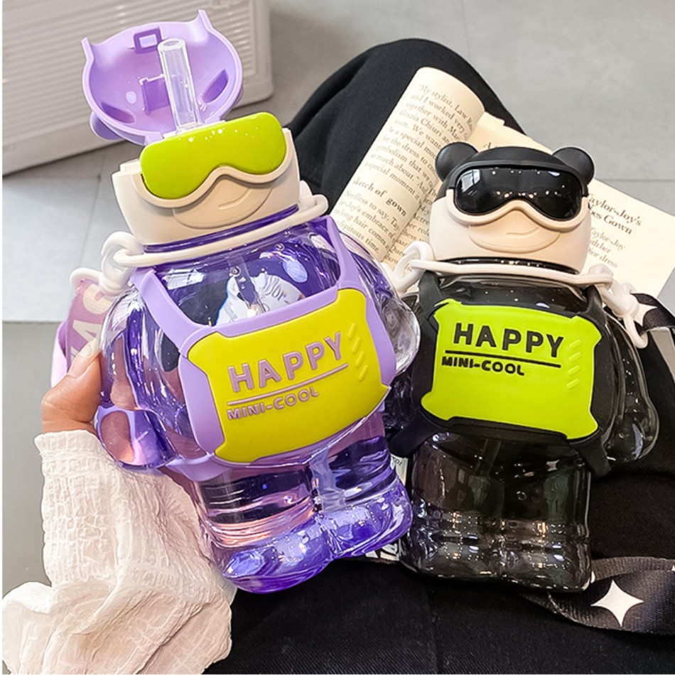 潮流水杯高颜值吸管儿童塑料杯大容量创意酷酷熊水壶可爱学生杯子