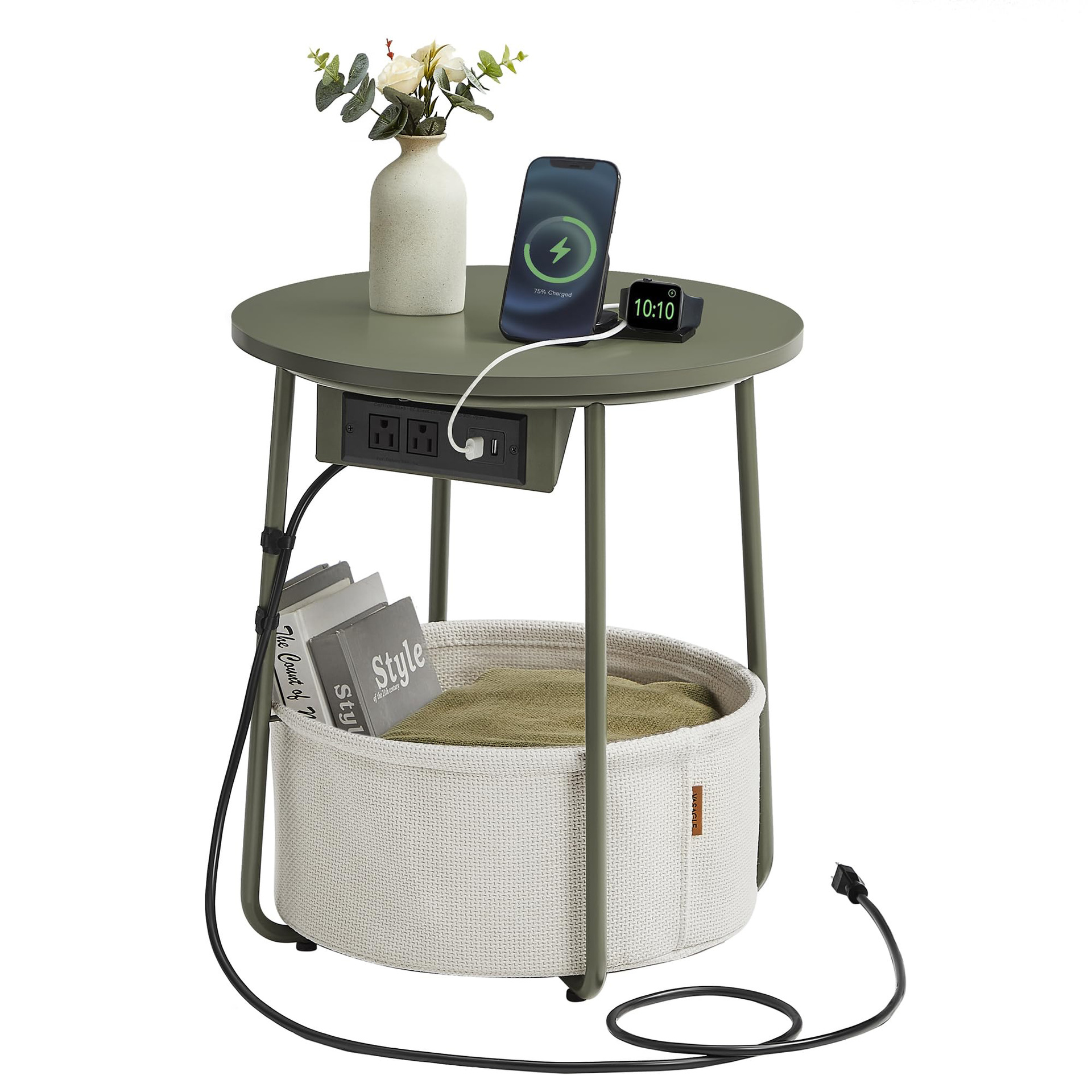 The high-end pink, white and green coffee table beside the tea table is equipped with a storage basket for storage. It is a multi-functional tea table with a charging socket Item Picture