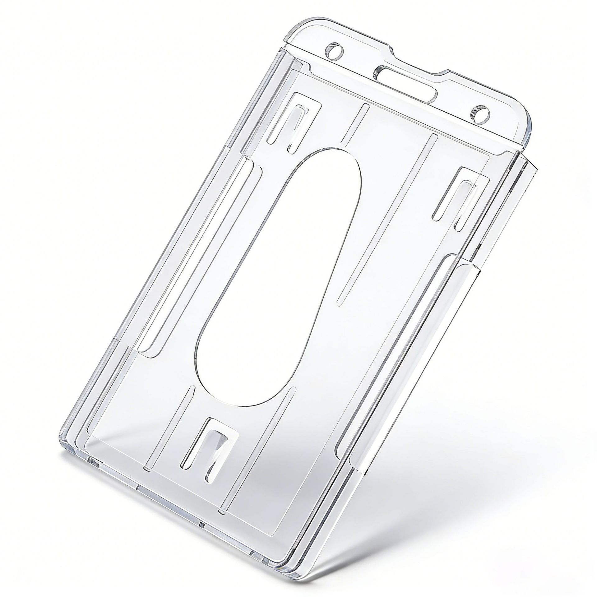 In-stock transparent hard plastic PS double-sided thumb push card holder, egg-shaped easy-pull buckle vertical ID work permit card holder Item Picture
