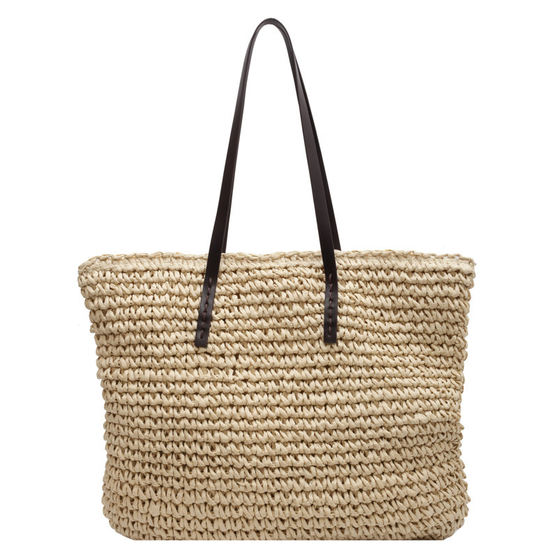 Bolso de paja transfronterizo bolso de playa bolso de hombro de gran capacidad tejido de una sola bolsa de hombro multifuncional bolso de paja de transporte urbano tote bolso de mano tejido a mano moda casual simple bolso de paja Item Picture