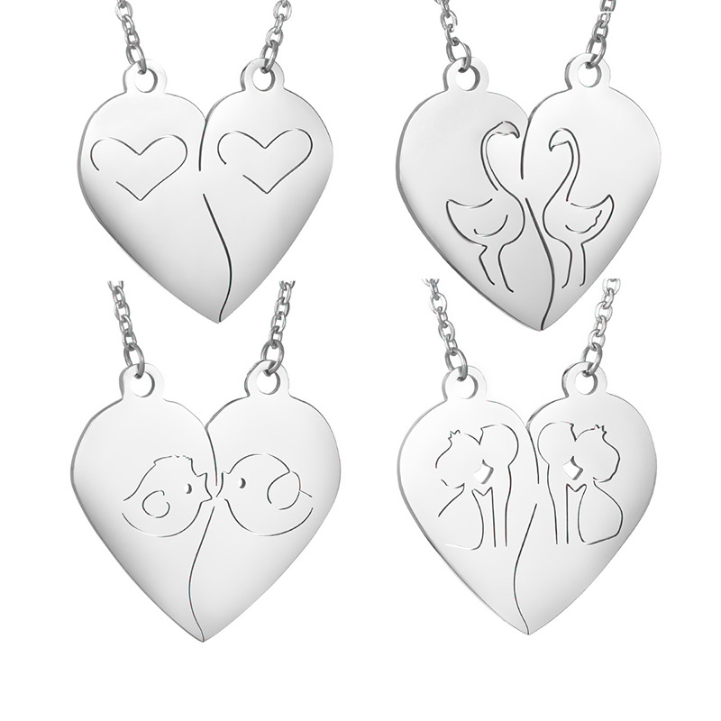 New popular couple necklaces in Europe and America, heart-shaped double-piece pendants, non-fading stainless steel jewelry factory wholesale Item Picture
