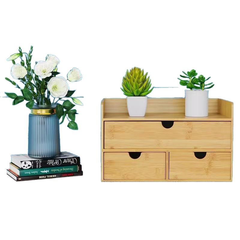 床头柜新款竹木桌面抽屉式收纳盒化妆品梳妆台简约多层书桌收纳柜白底实物图