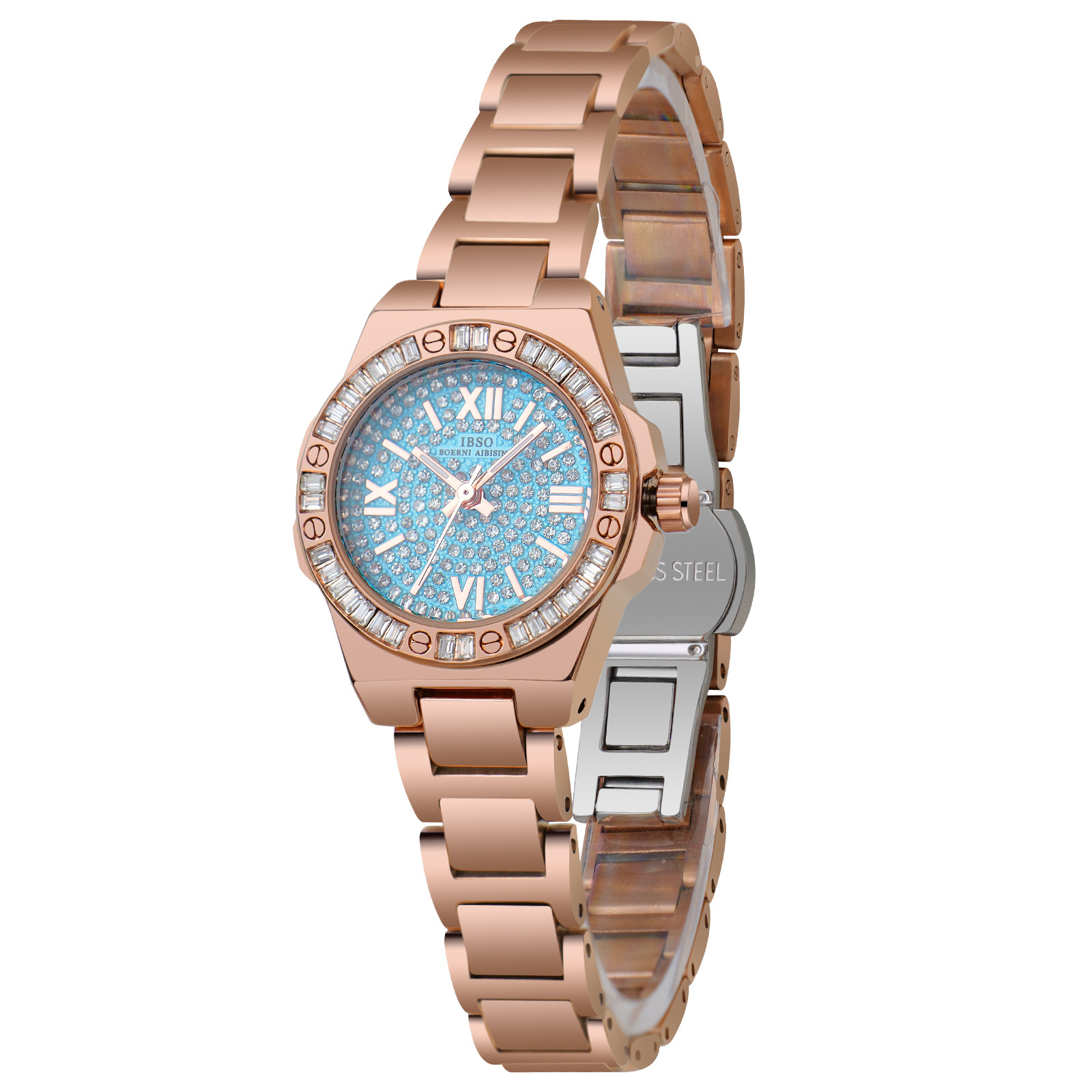 The new IBSO women's quartz watch with a steel band and diamond setting, a fashionable wristwatch, rose gold water-resistant small dial, is a cross-border bestseller
