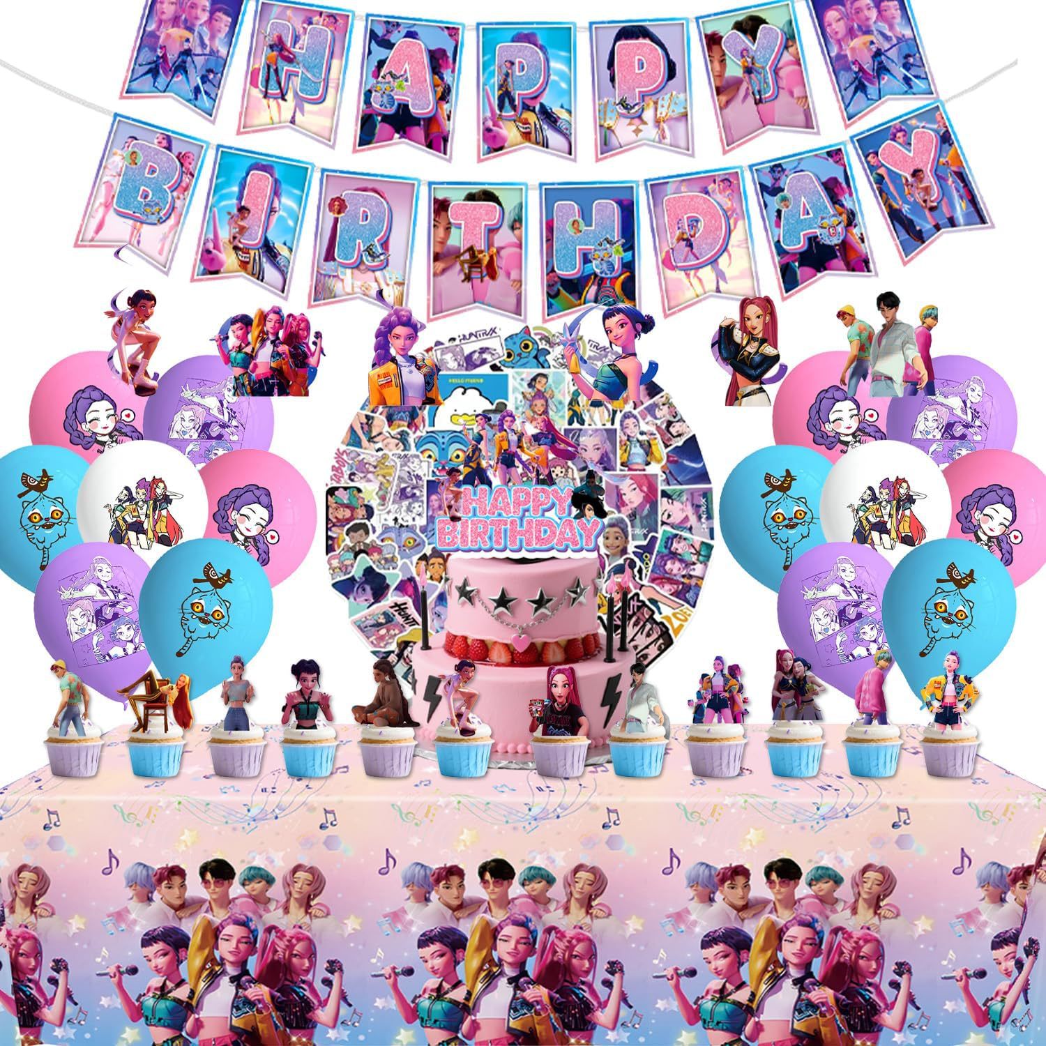 亚马逊新款猎魔女团主题K-POP生日派对用品桌布纸盘纸杯派对布置