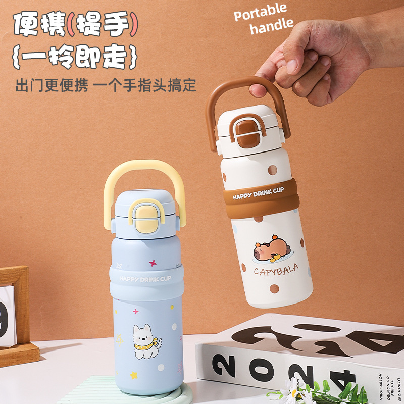 Double-drinking 316 stainless steel children's insulated cup, creative and cute girls' straw cup, large-capacity cartoon student straight cup Specification image