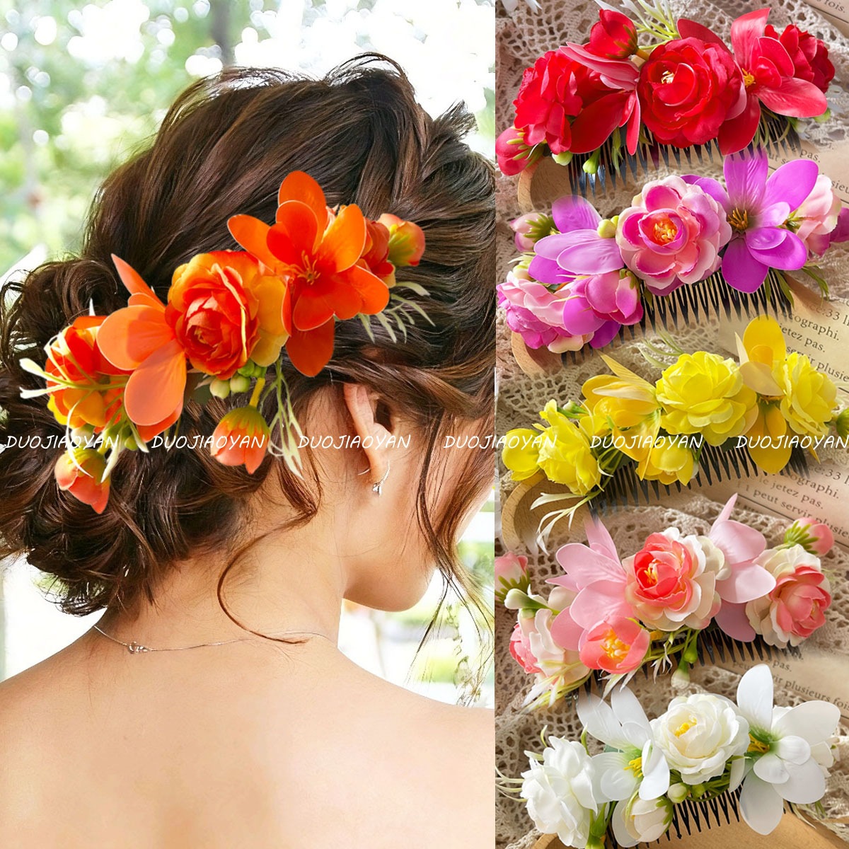 New large flower hair comb, realistic fabric flower three-dimensional accessory, Hawaii Beach gorgeous flower vacation hair accessory for women details Picture