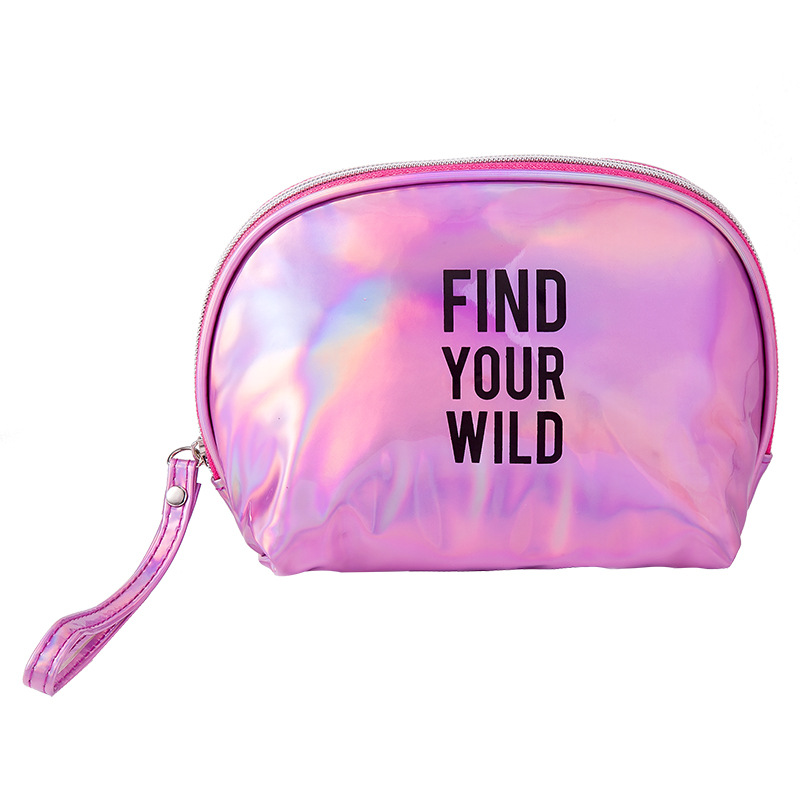 Cross-border letter laser PU makeup bag, women's portable semi-round hand-held makeup bag, waterproof toiletries storage bag Item Picture