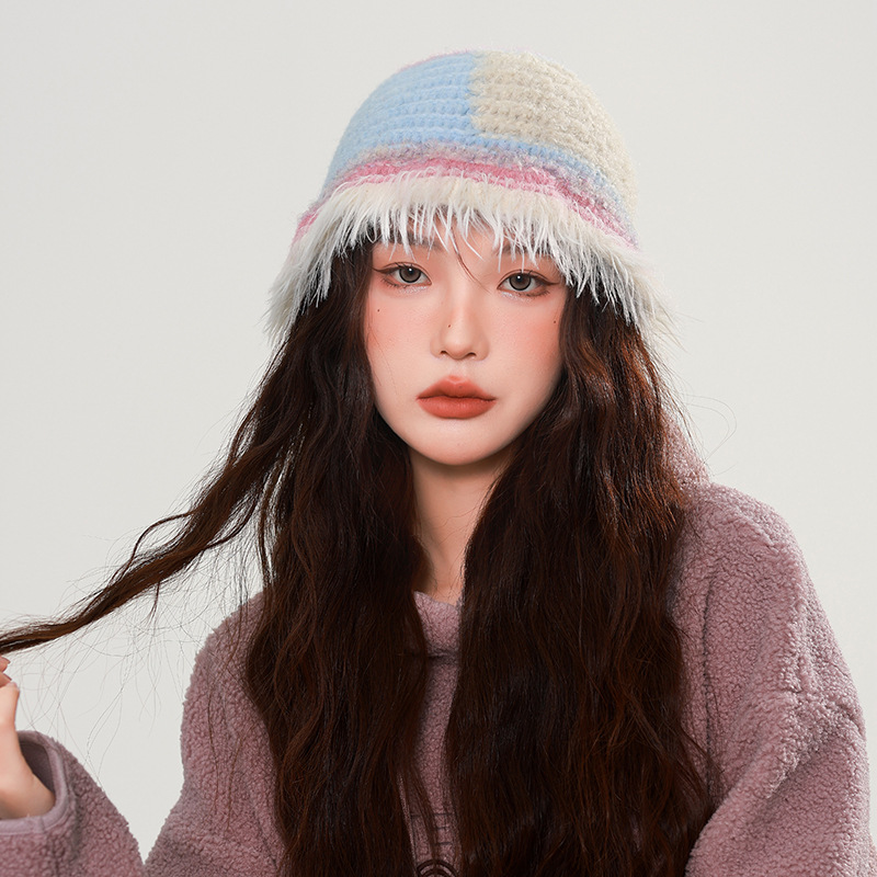 Dopamine woolen cap for women, big head circumference to show face, warm in autumn and winter, rainbow knitted ear-protecting fisherman's hat, bucket cold hat details Picture