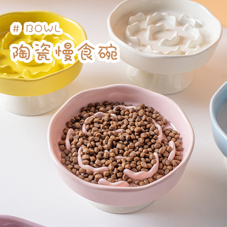 Ceramic slow food bowl, high-legged cat bowl, neck guard that is not easy to tip over, dog choke prevention bowl, pet bowl, cross-border cat food slow food basin details Picture