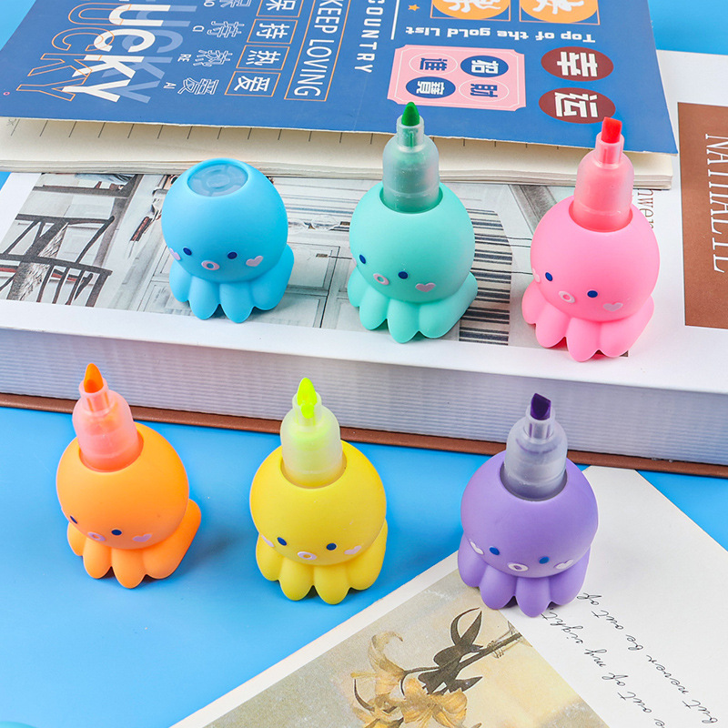 Cute and combinable five-color creative octopus highlighter pen planner pen, stress-relieving pinch soft rubber building blocks doodle highlighter pen details Picture