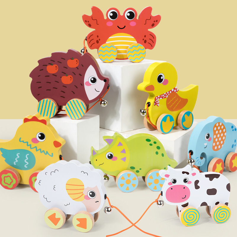 跨境儿童木制铃铛拖拉车宝宝学步拉线动物牵引拉绳车早教益智玩具