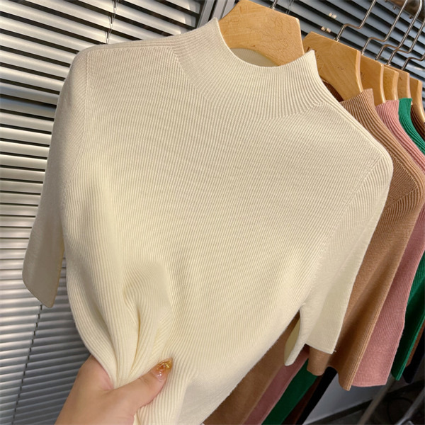 Spring and autumn thin semi-high neck base layer, women's half-sleeved knitted sweater, new five-quarter sleeve slim and stylish mid-sleeved inner layer top Item Picture