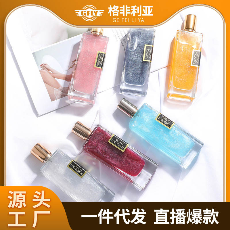The popular foreign trade product, Gefelia Fresh and Long-lasting Light Fragrance Perfume, long bottle with gold powder and flowing sand, is available for cross-border use by both men and women details Picture