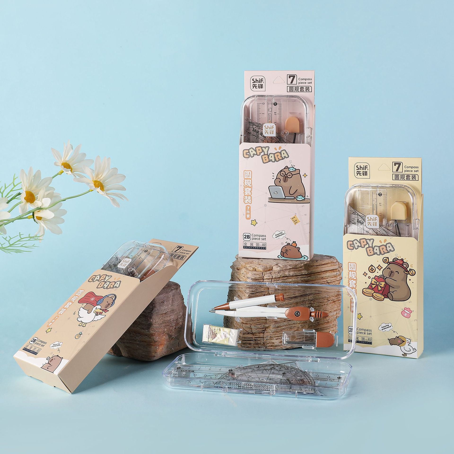 Pioneer 3178 Large Card Leather Seven-piece Compass Set, Student metal alloy compass Geometry Exam Drawing set Application Scenario