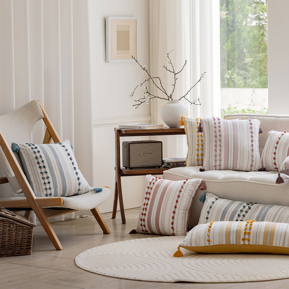 Nordic INS simple cut long side sleeping washed cotton jacquard tassel pillowcase, living room sofa cushion