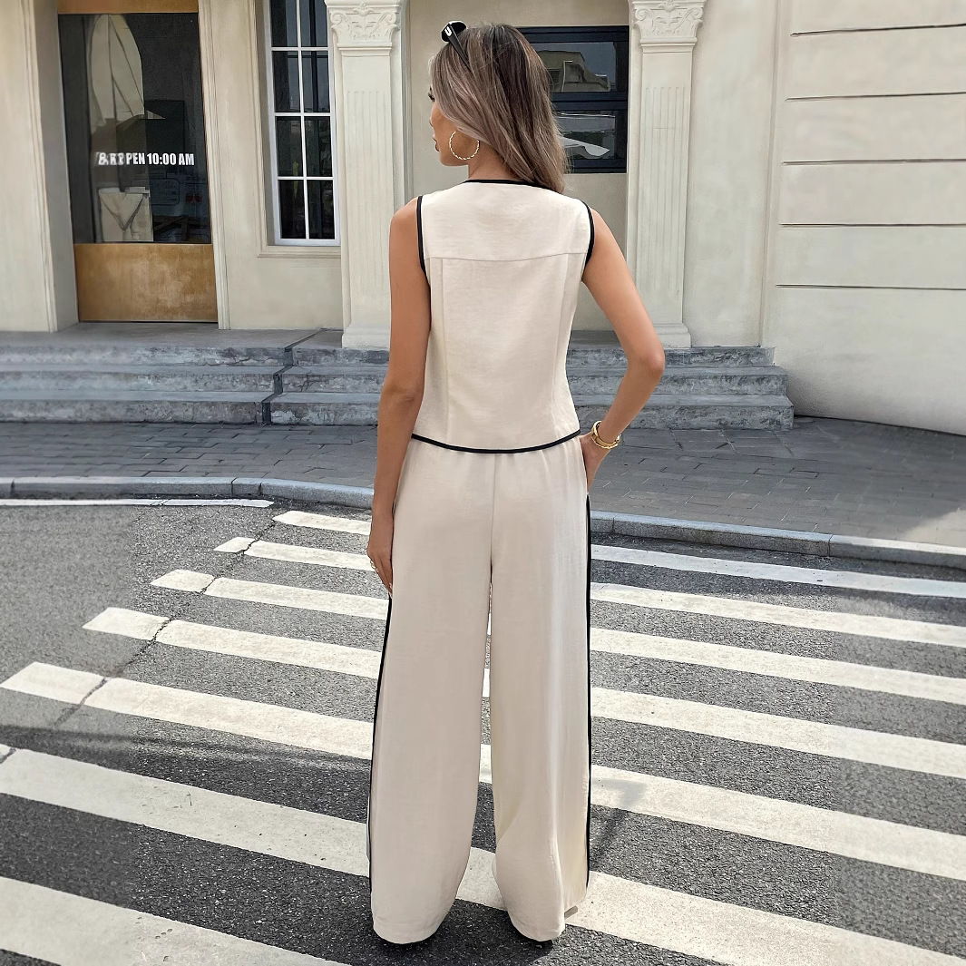 Summer cross-border trade European and American size women's color-matched sleeveless single-breasted vest and drawstring long pants set in stock Specification drawing