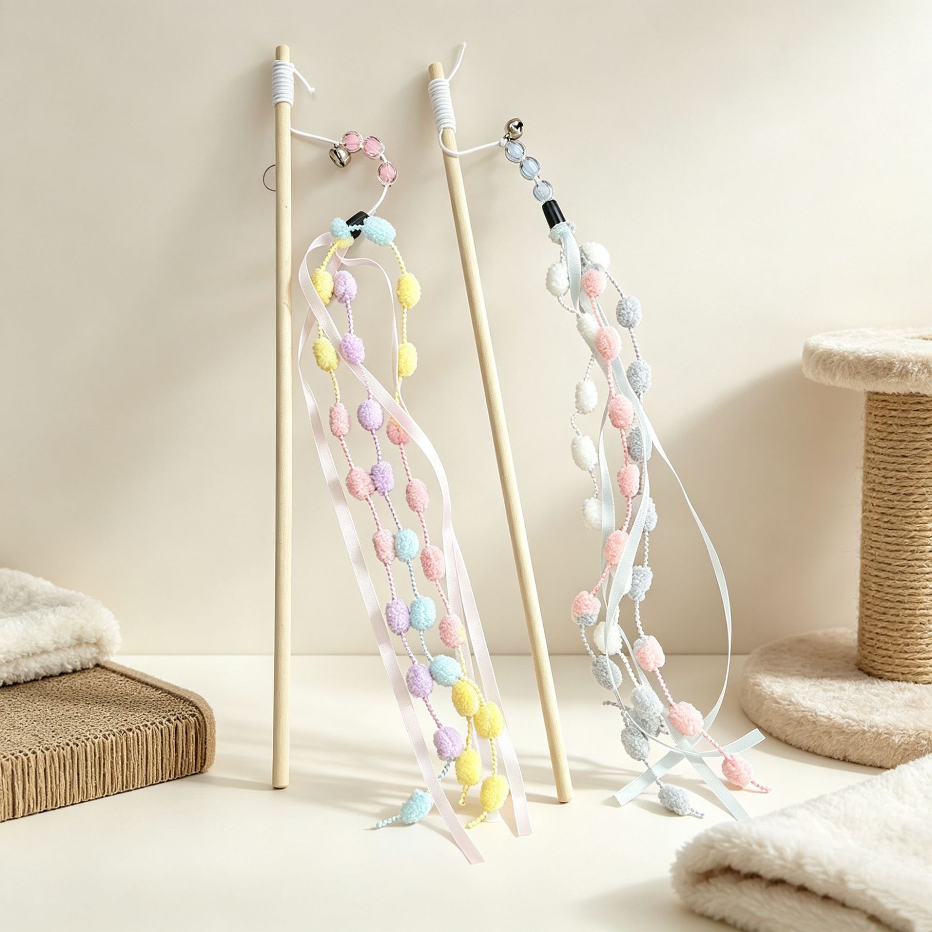 Cat toy sticks, macaron tassels, hairball ribbons, cat toys, cat interaction and entertainment, pet supplies factory details Picture