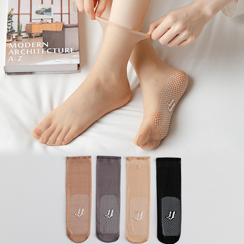 Women's summer stockings, women's short socks, summer thin crystal silk anti-slip mid-calf socks, women's anti-hook silk cotton-soled women's socks details Picture