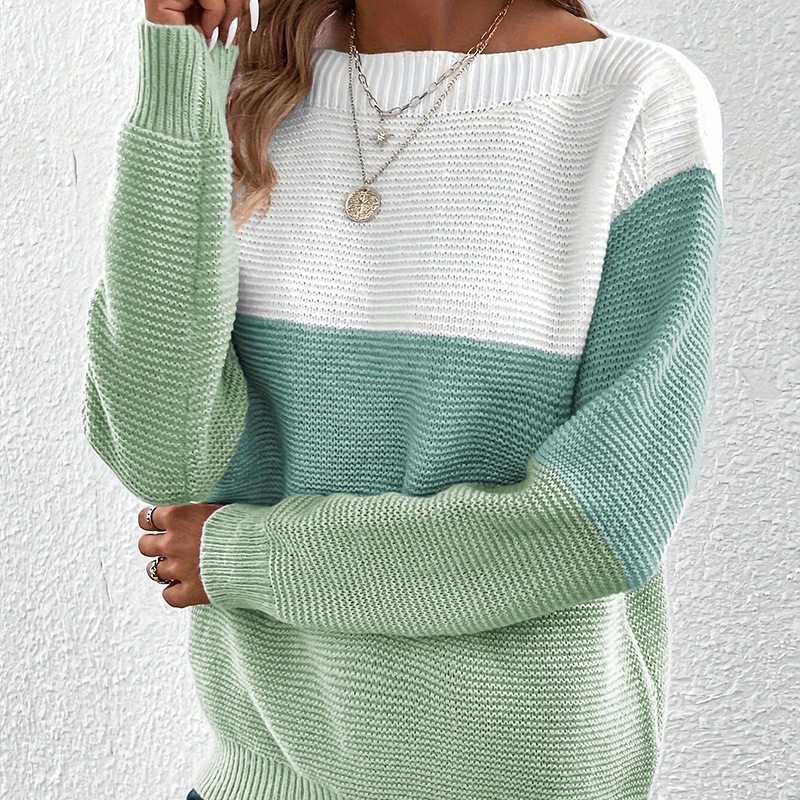 2024 Cross-border autumn and Winter new knitted sweater for women's export, color-blocking and patchwork round-neck long-sleeved pullover full figure