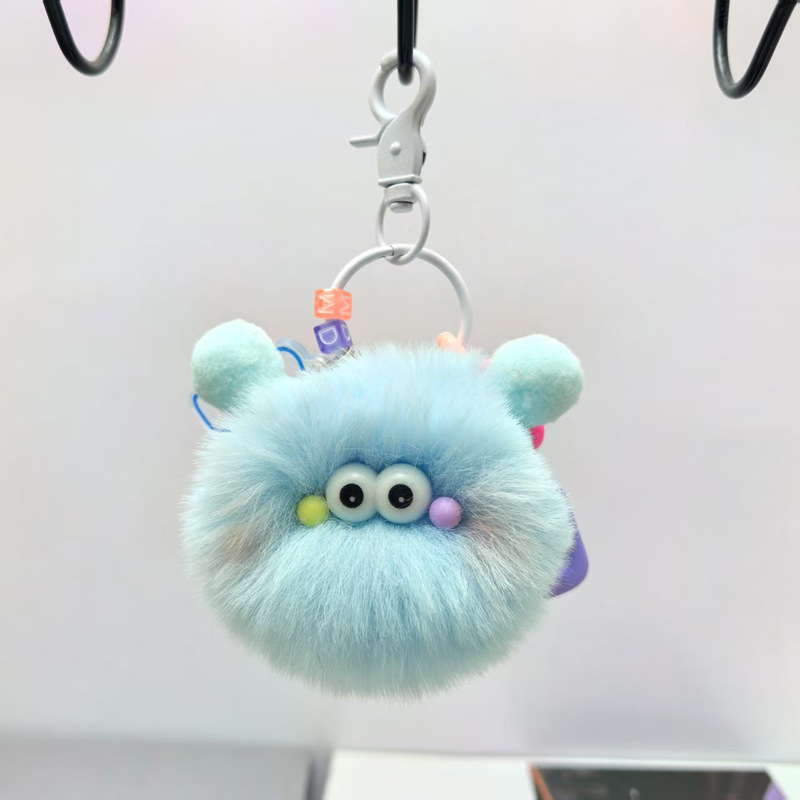 跨境彩色链条毛绒挂件小煤球钥匙扣ins网红毛绒小毛球书包挂件