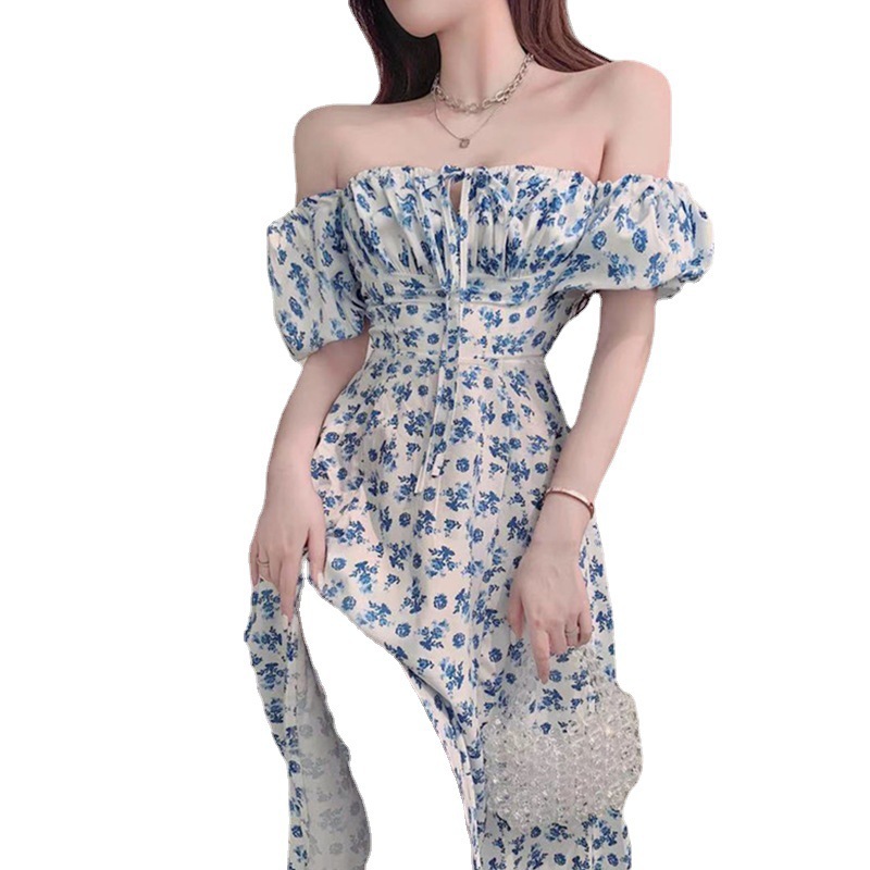 Blue floral print dress for women's summer long slit dress, elegant design sense, collarbone one-shoulder tea break French dress Item Picture