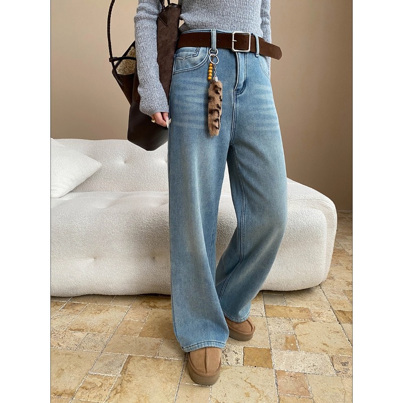 司南修腿型天菜含腰带挂件水洗浅蓝窄版直筒加绒牛仔裤SN8358