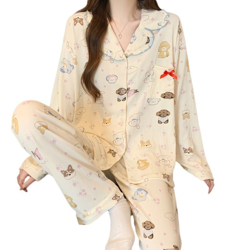 Japanese cartoon dog wrinkled fabric pajamas for women 2025 Spring/Autumn long-sleeved new sweet and cute home wear set Item Picture