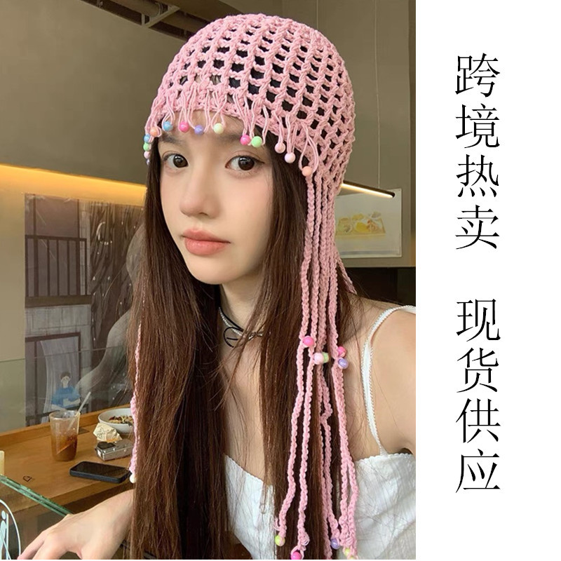 Color perla flecos bolos gorro mujer verano calado boho vintage étnico trenzado manga sombrero trendy