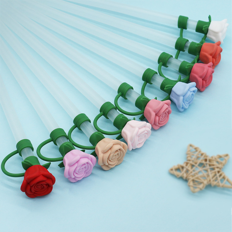Amazon 3D silicone 10mm straw cap, cross-border cute rose straw, dust-proof and recyclable straw cap Specification image