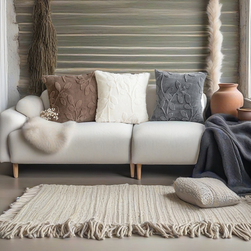Faux plush jacquard pillow, solid-color simple home sofa pillow cover, three-dimensional leaf pattern living room sofa pillow