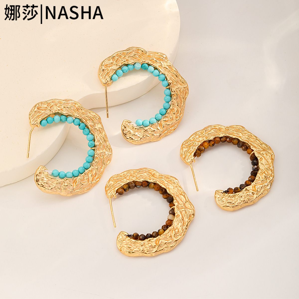 娜莎异域度假系列肌理感绿松石淡水珍珠耳环轻奢高级感耳环不掉色