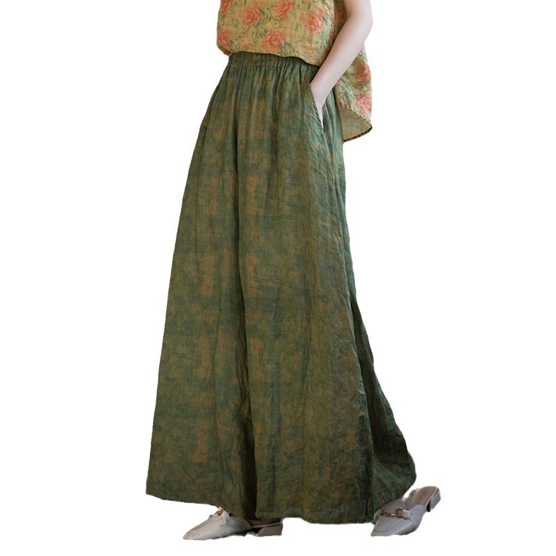 Spring ramie vintage casual pants, cotton and linen women's wide-leg pants with drape, floor-length high-waisted slimming skirt pants wholesale Item Picture